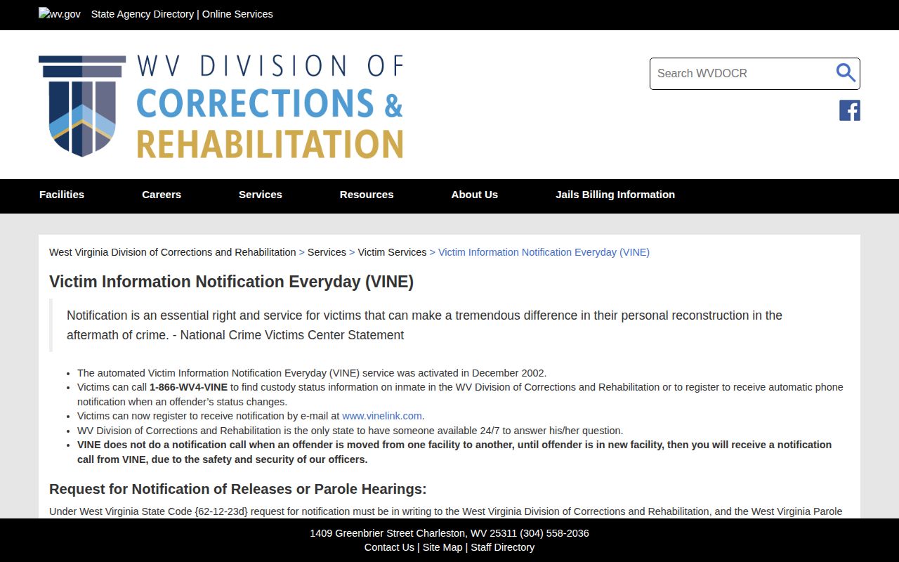 Tucker County VINE inmate check coverage on the WVDCR page